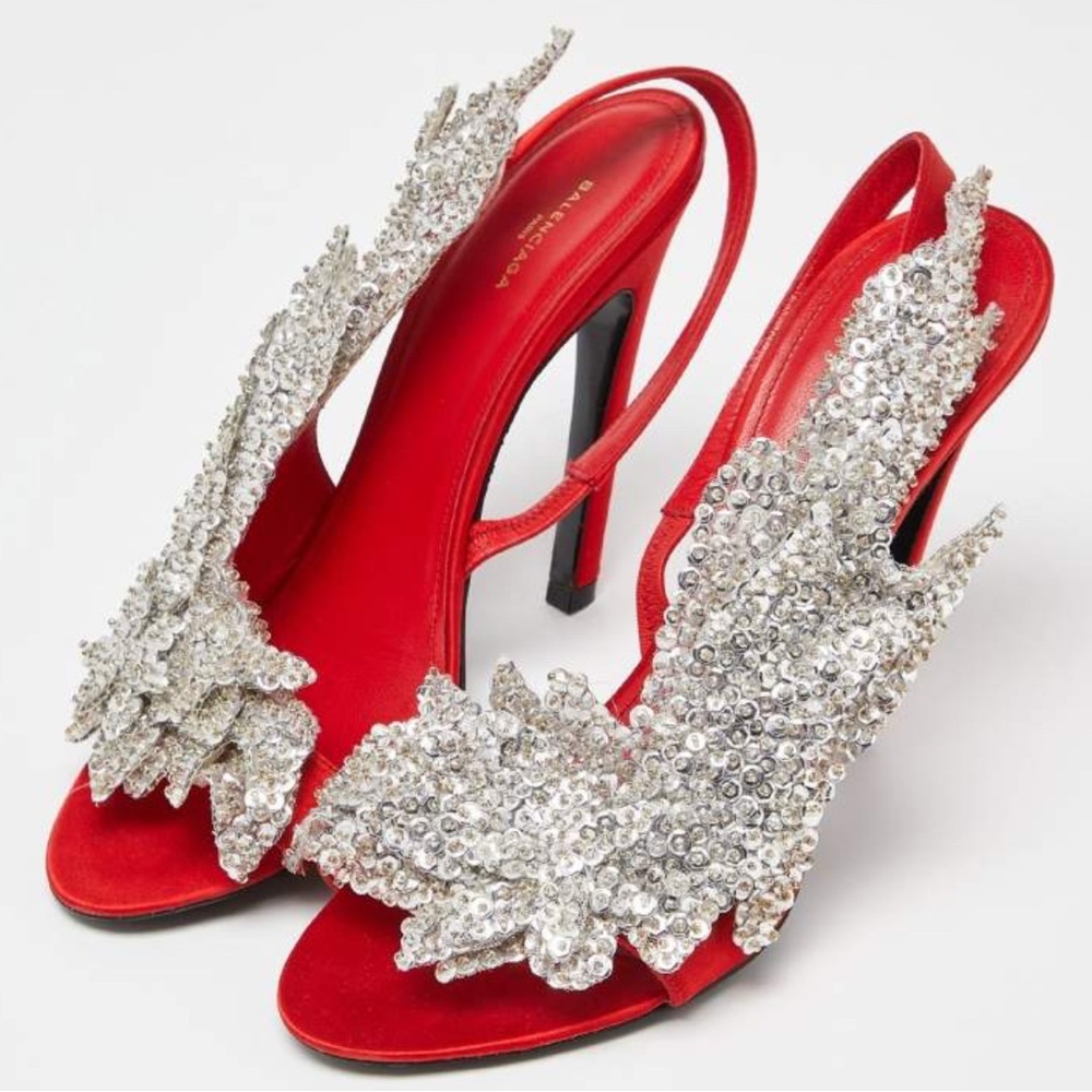 Balenciaga Red Satin Leather Beaded/Sequins Embellished Ankle Strap Sandals